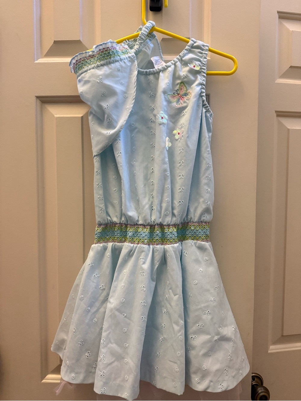Little Bitty Light Blue Eyelet Girl Dress with Smocked Waist Matching head cover